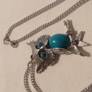 Vintage Owl necklace in silver tone, blue stone owl pendant